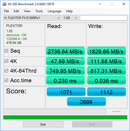 Plextor M9PeY AS SSD benchmark