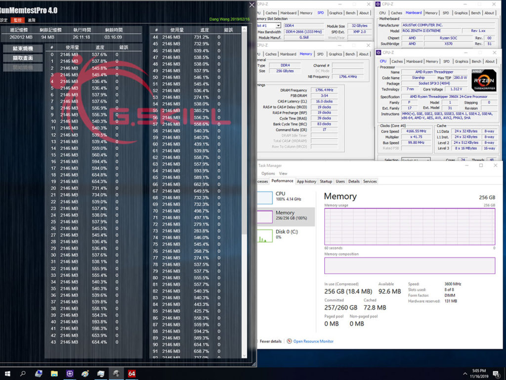 G.Skill AMD 3600 CL16-19-19-39 256GB 26hr ASUS