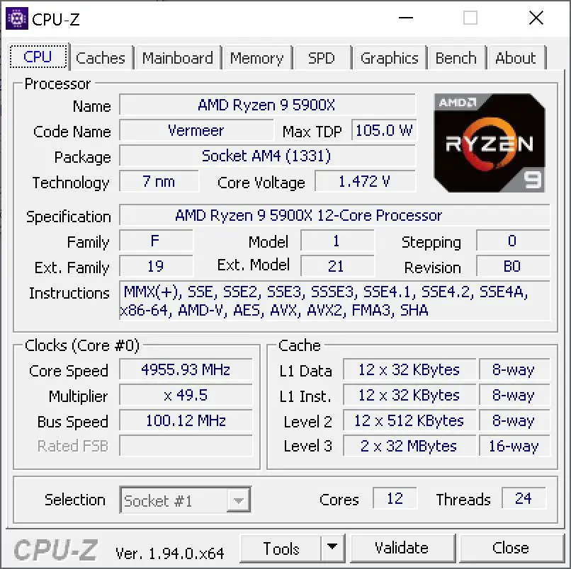 AMD Ryzen 9 5900X CPU Z 4.955GHz