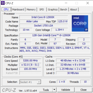 Intel i9 12900K 1 p core 8 e cores