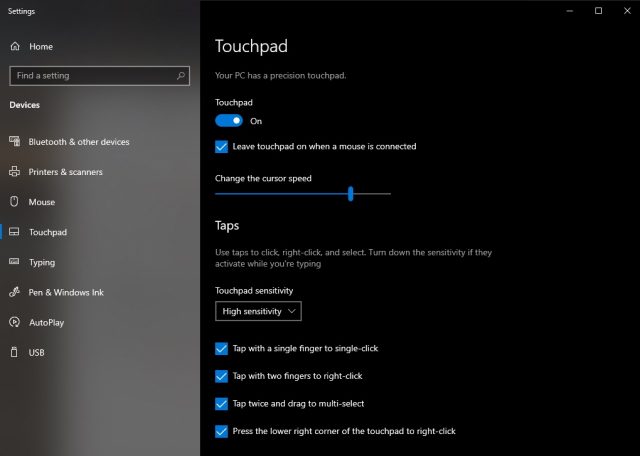 Windows 10 Touchpad Settings