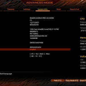 AORUS B660M AORUS PRO AX DDR4 BIOS 5 SD