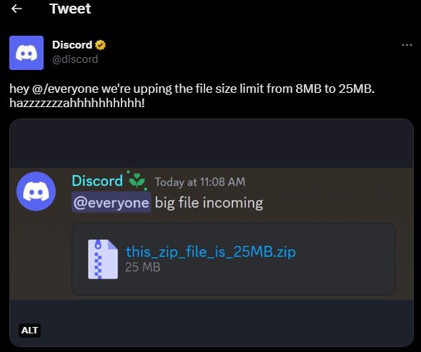 Discord increased file size limit from 8MB to 25MB for free users