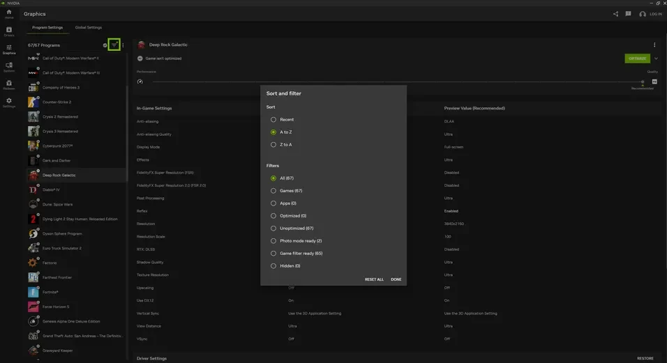 NVIDIA App Program Sort and Filter