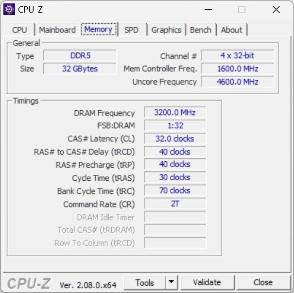 CPUZ DDR5 6400 C32 light tweak